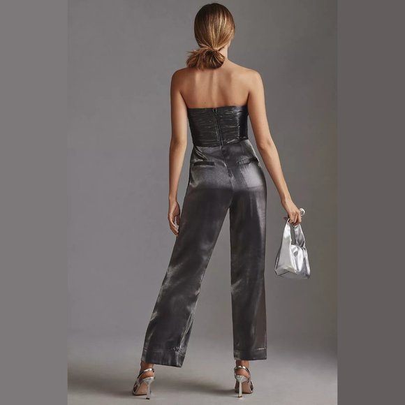 NEW Tall Sizes 4 to 10 Strapless Metallic Shine Jumpsuit, Carbon - Anthropologie - Picture 2 of 5